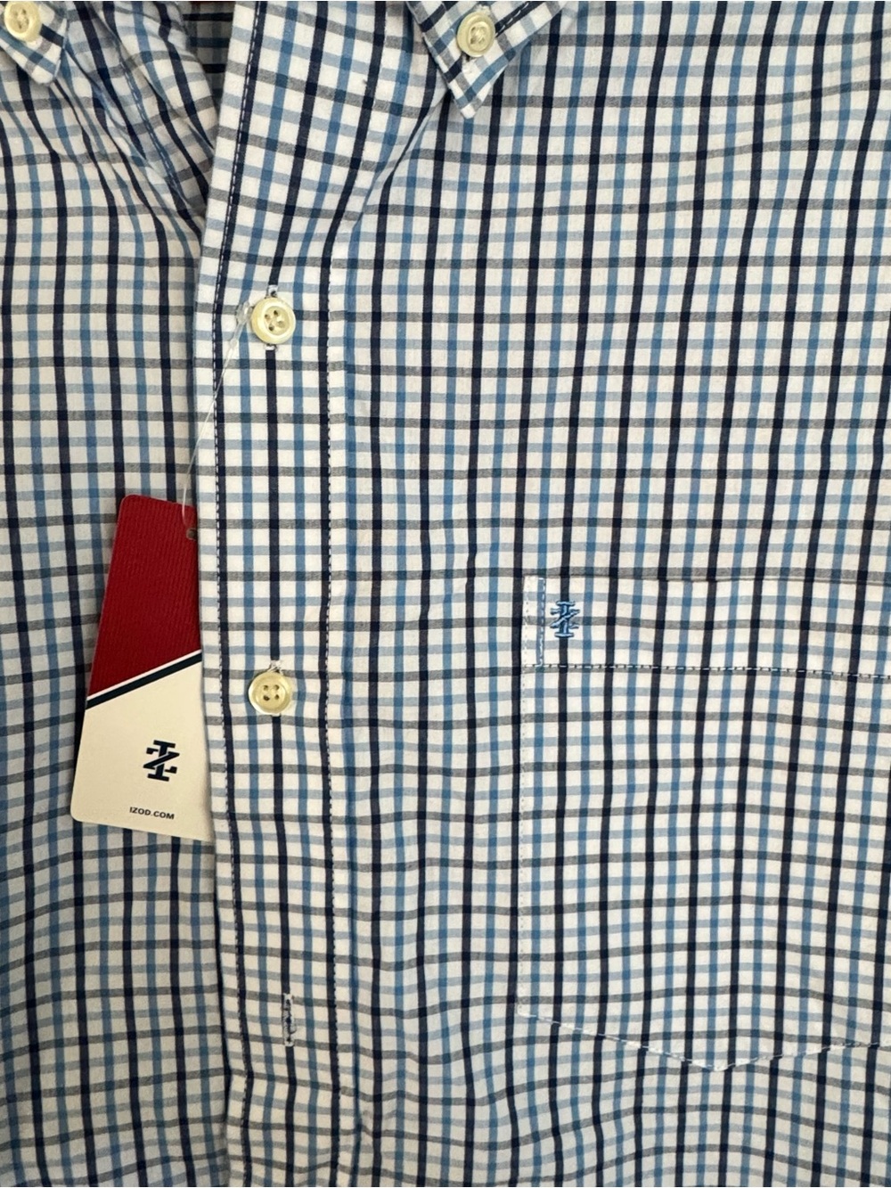 IZOD Men’s Large Shirt 100% Cotton Blue White Plaid Check Long Sleeve Button Up - Picture 8 of 11